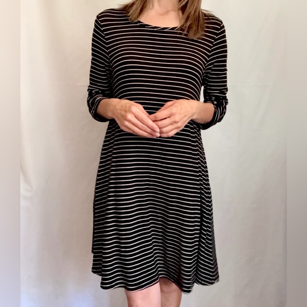 Garnet Hill Black and White Stripe Long Sleeve A-Line Dress Size XS